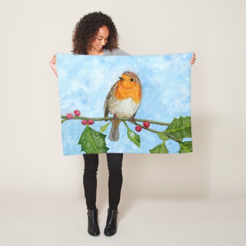 Robin Red Breast Watercolour Fleece Blanket