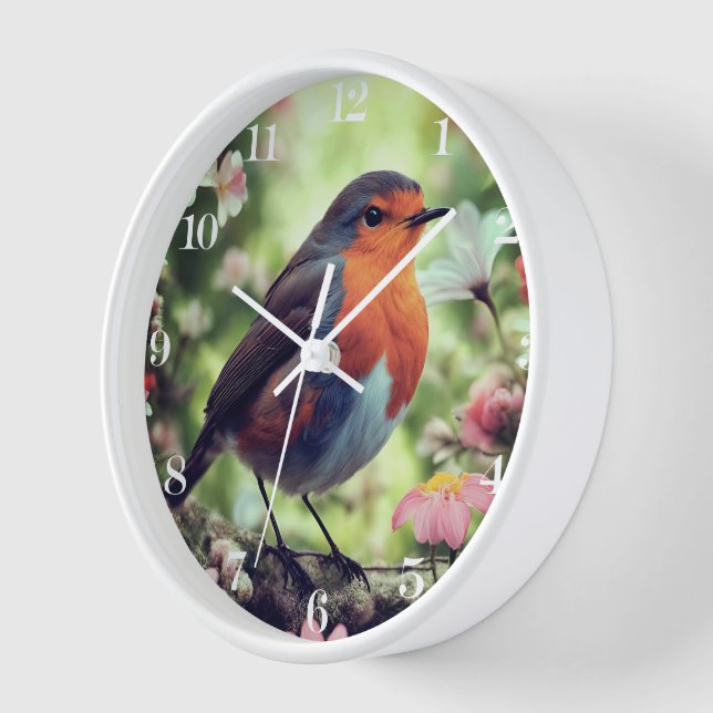 Robin Red Breast White Clock (Angle)