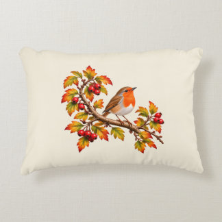 Robin Redbreast Autumn Botanical Bird Design Accent Pillow