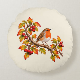Robin Redbreast Autumn Botanical Bird Design Round Pillow