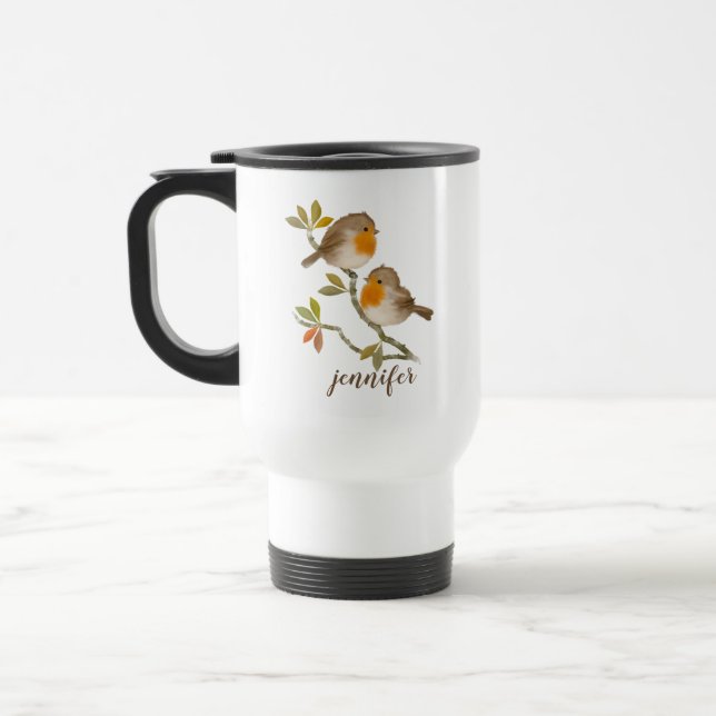 Robin Redbreast Birds Personalized Travel Mug (Left)