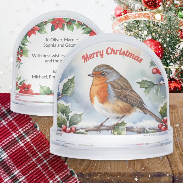 Robin Redbreast Watercolor Christmas Personalized Snow Globe (A Christmas snowglobe with robin picture in a watercolor style and customizable text on the back)