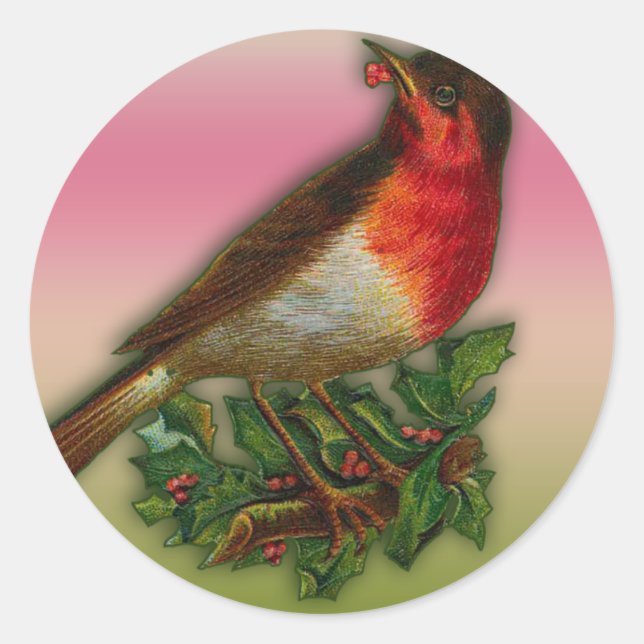 Robin Redbreast with Holly Berry Cards Classic Round Sticker (Front)