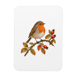Robin Redbreast with Red Rose Hips Magnet