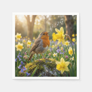 Robin Singing Into a Daffodil Napkins