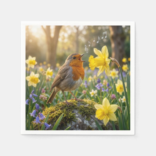 Robin Singing Into a Daffodil Napkins (Front)