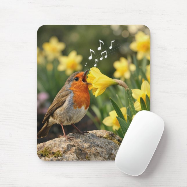 Robin Singing into a Spring Daffodil Mouse Pad (With Mouse)