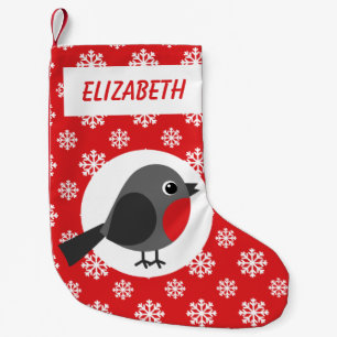 Robin Snowflakes Personalized Red Small Christmas Stocking