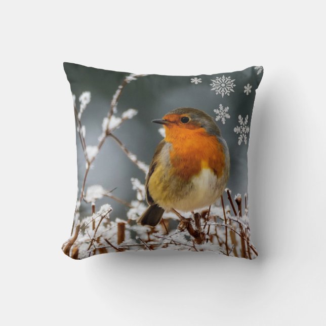 Robin Songbird in Winter Throw Pillow (Front)
