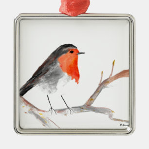 Robin watercolor bird Christmas winter festive Metal Ornament