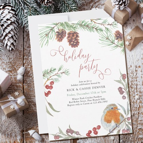 Robin Winter Berries and Pine Cone Holiday Party Invitation