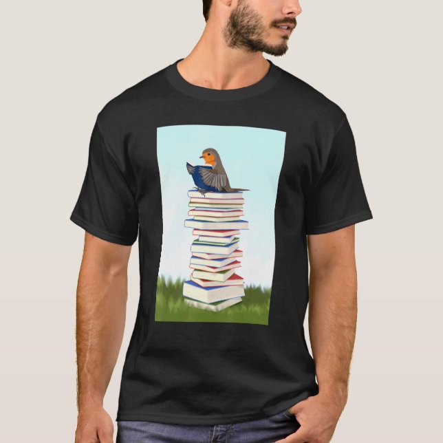 Robin with Books Bird Bird Birdwatcher Animal Song T-Shirt (Front)