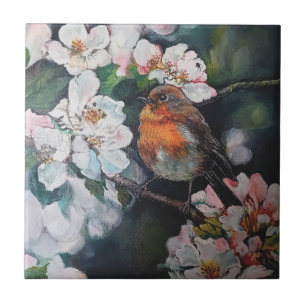 Robin with cherry blossom ceramic tile