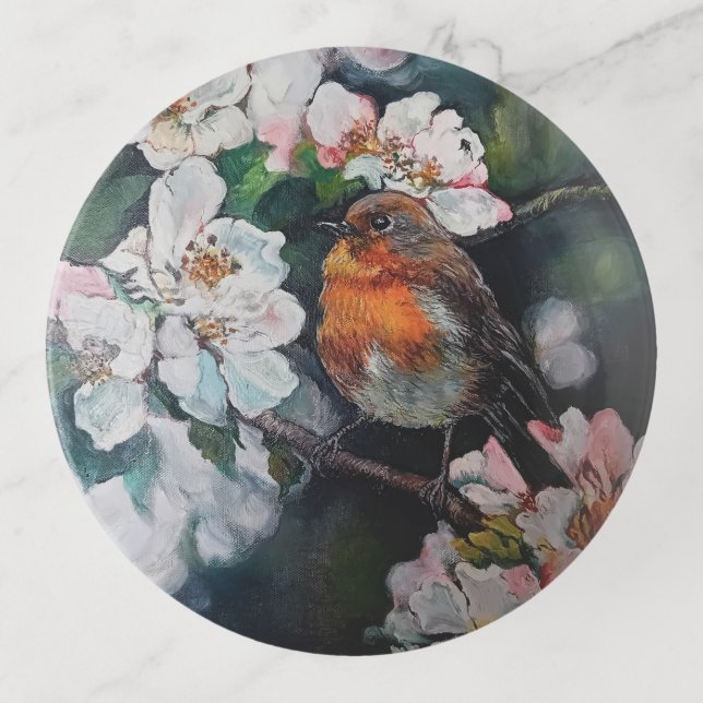 Robin with cherry blossom trinket tray (Front)