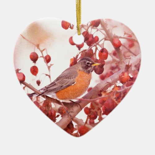 Robin With Red Berries Ceramic Ornament