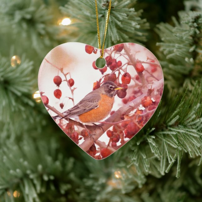 Robin With Red Berries Ceramic Ornament (Tree)