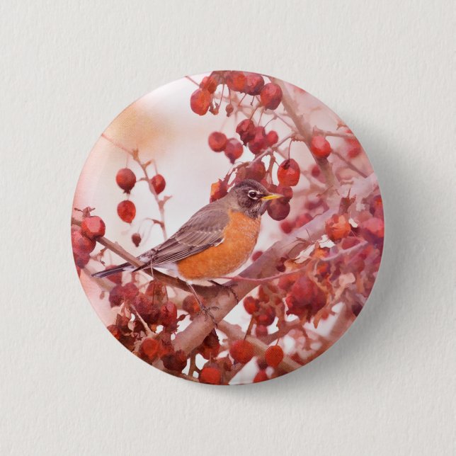 Robin With Red Berries Pinback Button (Front)