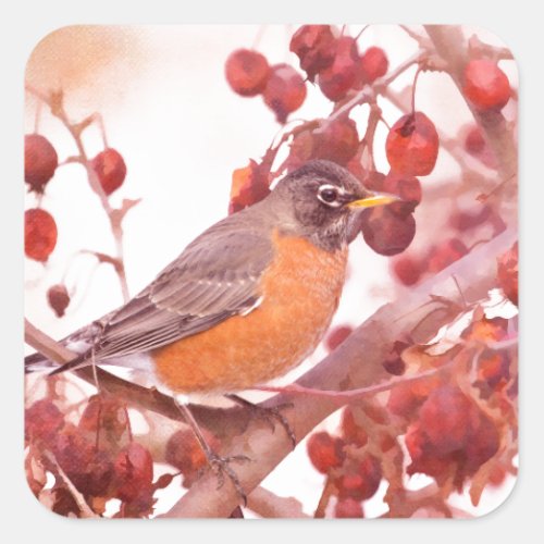 Robin With Red Berries Square Sticker