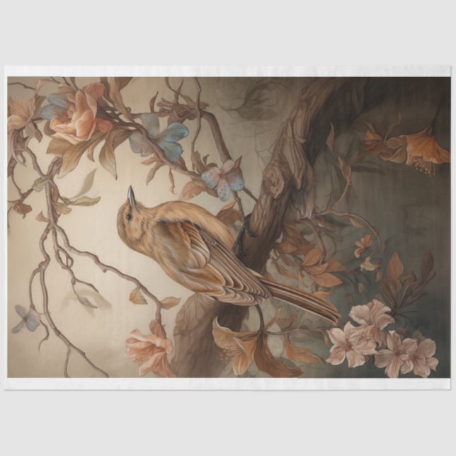 Robin with soft pastel peach flowers decoupage tissue paper (Front)