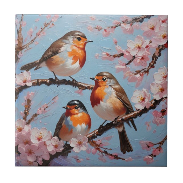 Robins and cherry blossoms ceramic tile (Front)