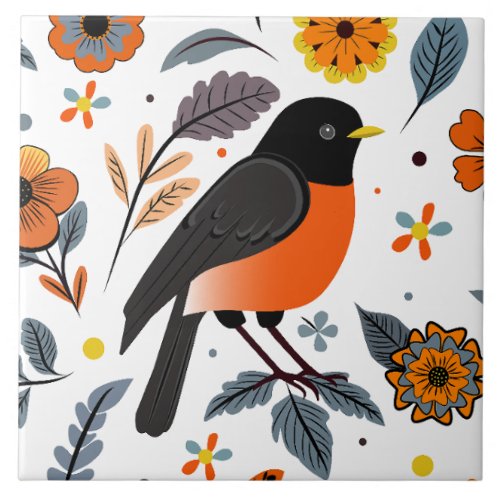 Robins And Flowers Ceramic Tile