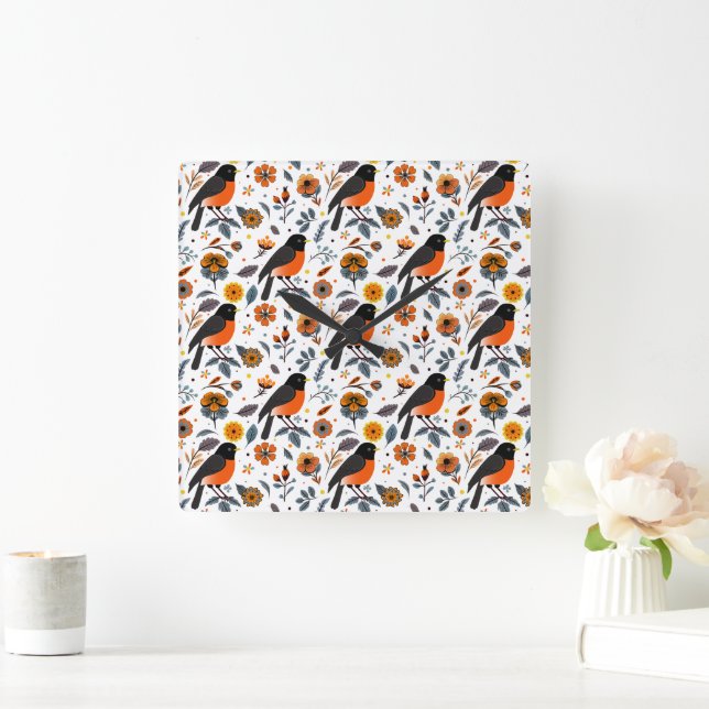 Robins And Flowers Square Wall Clock (Home)