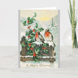 Robins and hollyberry - Vintage Christmas Postcard