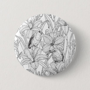 Robins and lilly flowers, black and white button