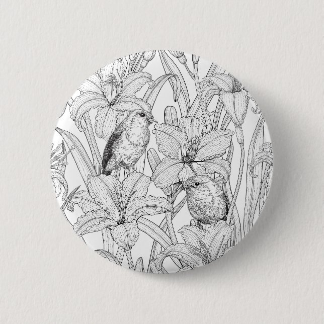 Robins and lilly flowers, black and white button (Front)