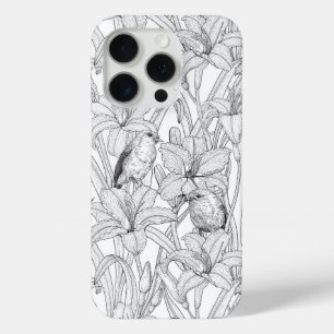 Robins and lilly flowers, black and white iPhone 15 pro case
