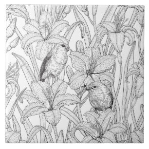 Robins and lilly flowers, black and white ceramic tile