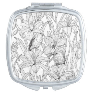 Robins and lilly flowers, black and white compact mirror