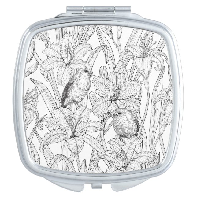 Robins and lilly flowers, black and white compact mirror (Front)