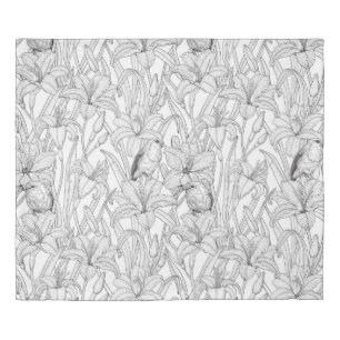 Robins and lilly flowers, black and white duvet cover