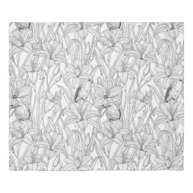 Robins and lilly flowers, black and white duvet cover (Front)