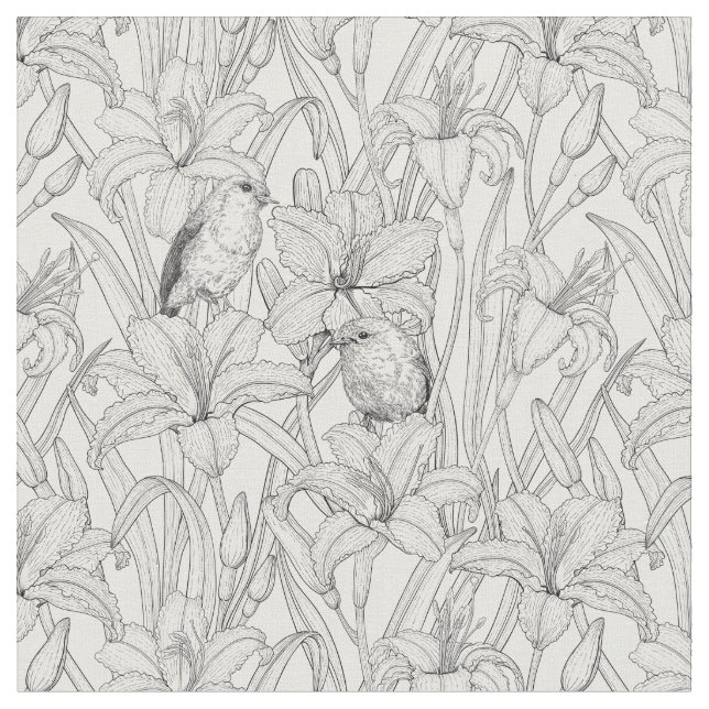 Robins and lilly flowers, black and white fabric (Close Up)