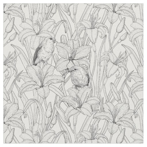 Robins and lilly flowers, black and white fabric