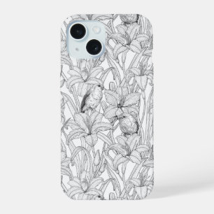 Robins and lilly flowers, black and white iPhone 15 case