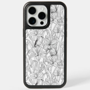 Robins and lilly flowers, black and white iPhone 15 pro max case