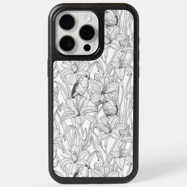 Robins and lilly flowers, black and white iPhone 15 pro max case (Back)