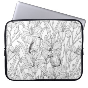 Robins and lilly flowers, black and white laptop sleeve