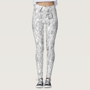 Robins and lilly flowers, black and white leggings