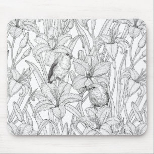 Robins and lilly flowers, black and white mouse pad