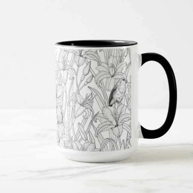 Robins and lilly flowers, black and white mug (Right)