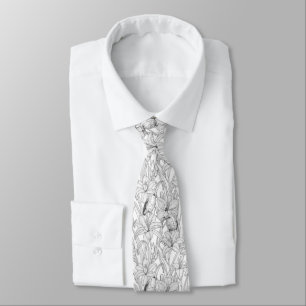 Robins and lilly flowers, black and white neck tie