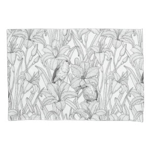 Robins and lilly flowers, black and white pillow case