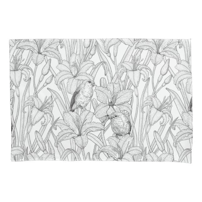 Robins and lilly flowers, black and white pillow case (Front-Left)