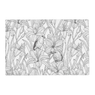 Robins and lilly flowers, black and white placemat