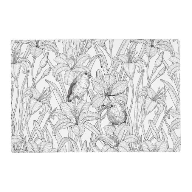 Robins and lilly flowers, black and white placemat (Front)
