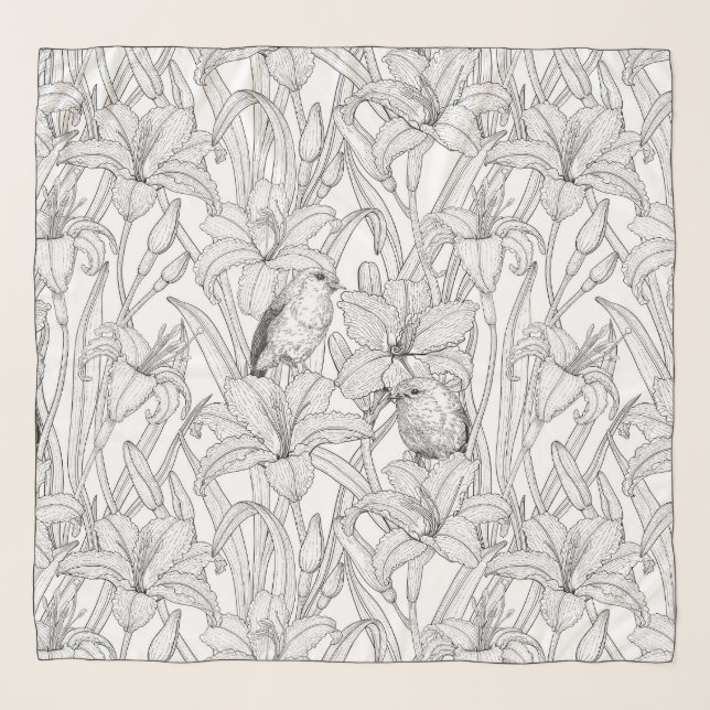 Robins and lilly flowers, black and white scarf (Front)